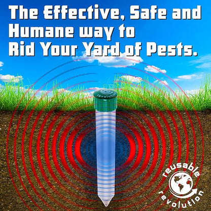 4 Pack Sonic Mole Chaser - Battery Operated Pest Repeller Stake, Scares Away Moles, Voles, Gophers and Rats by Reusable Revolution (Metal & Green)