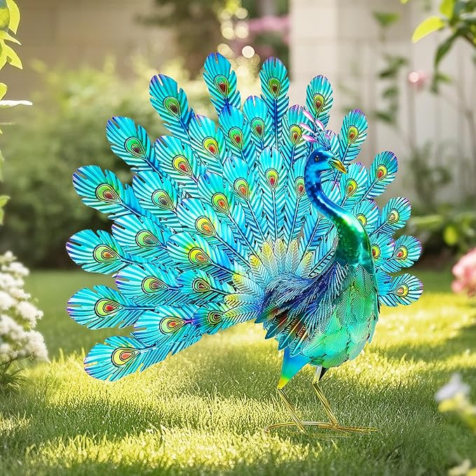 27.5in Tall Metal Peacock Garden Statue - Handmade, 3D Textured, Tail Spread Sculptures for Patio, Garden or Entryway.