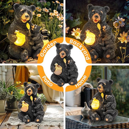GIGALUMI Solar Garden Statues Loving Bear Figurine Lights for Outside, Yard Decorations Outdoor, Garden Decor Unique Birthday Housewarming Gifts for Mom, Women, Black