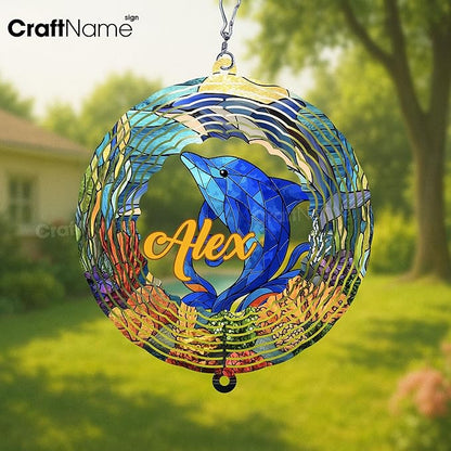 Personalized Dolphin Wind Spinner 3D Stainless Steel, Dolphin Garden Spinner Hanging Outdoor Decor, Wind Spinners Outdoor, Custom Gift for Grandmother, Mom, Wife