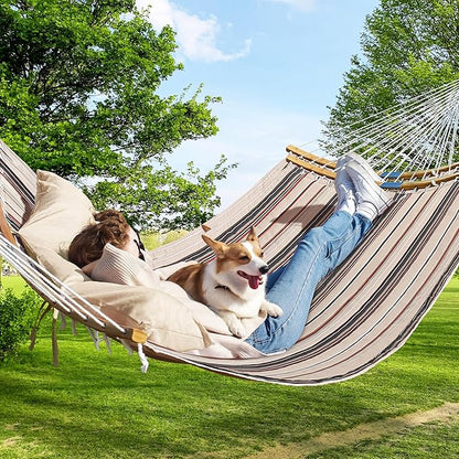 Double Hammock, 11 FT Quilted Fabric 2 Person Hammock for Outside with Pillow, Folding Curved Spreader Bar, Chains, Carrying Bag, Indoor Outdoor, 450 IB Capacity, Havana Brown