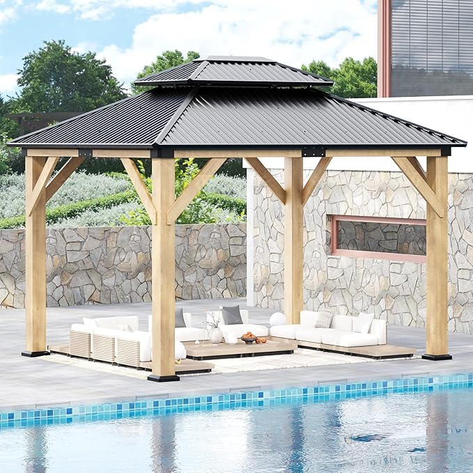 13'x 15' Outdoor Wooden Gazebo, Patio Hardtop Gazebos with Double Roof, Double Galvanized Steel Hardtop Roof Wood Frame with Netting and Curtains (13'x 15')