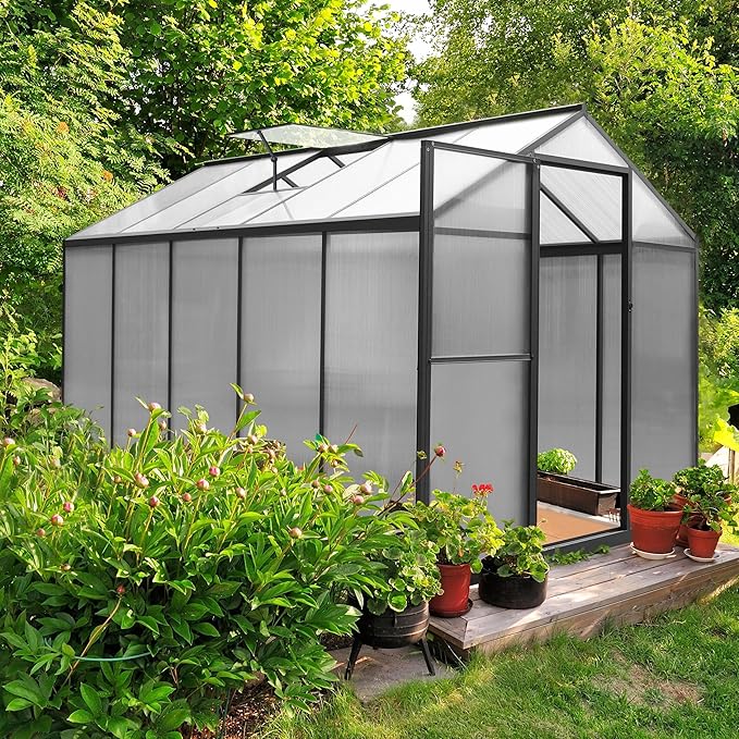 MUPATER 6'x 10' Greenhouse for Outdoors, Polycarbonate Greenhouse Heavy Duty, Aluminum Green House Kit with Lockable Door and Adjustable Roof Vent for Winter Plants, Backyard, Garden, Grey