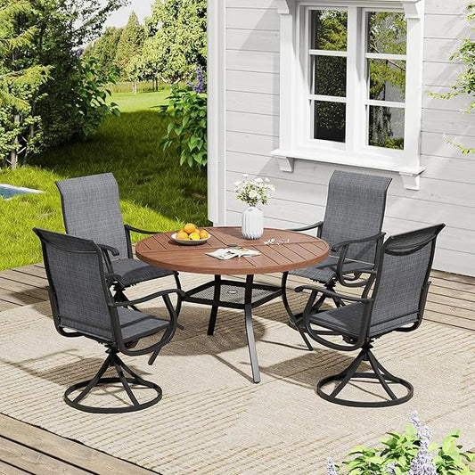 VICLLAX 5 Pieces Outdoor Dining Set, Patio Furniture Set of 4 Patio Swivel Dining Chairs and 40.6" Patio Spliced Round Tabletop with Storage Shelf, Dark Charcoal Chairs & Walnut Tabletop
