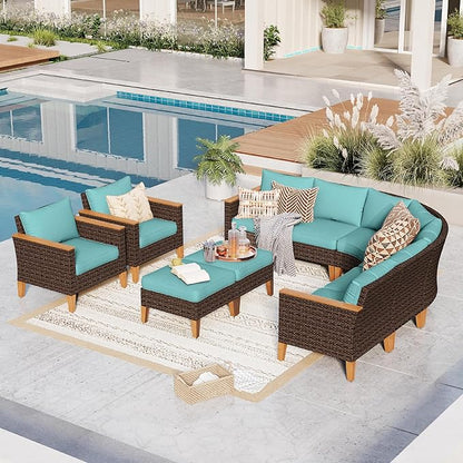 GREEN PARTY 10 Pieces Wicker Patio Furniture Set, All-Weather Outdoor Rattan Half-Moon Curved Patio Sectional Sofa Conversation Set with 4" Thick Cushions for Garden, Backyard, 2 x Ottomans (Blue)