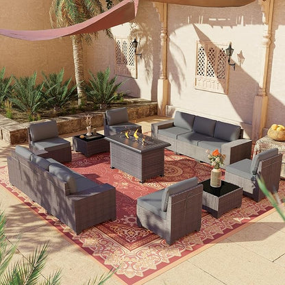 Outdoor Patio Furniture Set with Propane Fire Pit Table, 13 Pieces Outdoor Furniture Patio Sectional Sofa Conversation Sets w/ETL Approved 43" Gas Outdoor Fire Table & Coffee Table (Grey)