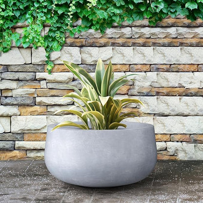 Kante 15.7" Dia Round Concrete Planter, Outdoor Indoor Garden Plant Pots with Drainage Hole and Rubber Plug, Modern Curvaceous Design, Slate Gray