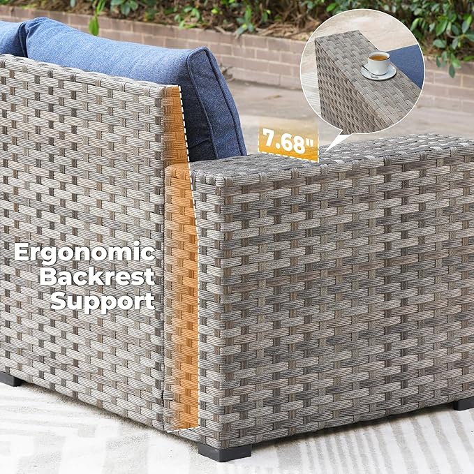 ovios 16 Pieces Patio Furniture Set, Outdoor Wicker Sectional Sofa with 54" Fire Pit Table Swivel Chairs, Modern Modular Deep Seat Rattan Couch Conversation Sets, Denim Blue