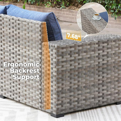 ovios 9 Pieces Patio Furniture Set, Outdoor Wicker Sectional Sofa with 42" Firepit Table Swivel Chair, Modern Modular Deep Seat Rattan Couch Conversation Sets, Denim Blue