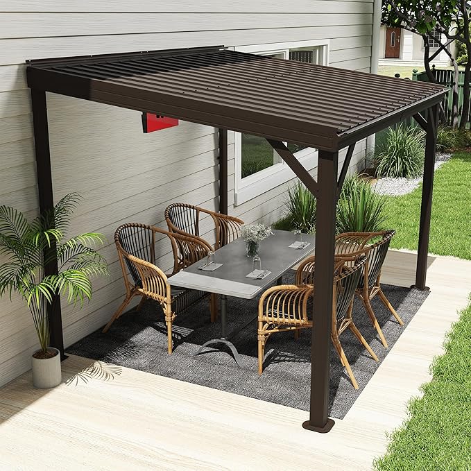 Domi 8'x10' Wall Mounted Hardtop Gazebo, Connectable Lean to Pergola with Gutters & Galvanized Steel Roof, 60MPH Wind Resistance, Outdoor Heavy Duty Metal Awning for Patio, Deck, Backyard - Brown