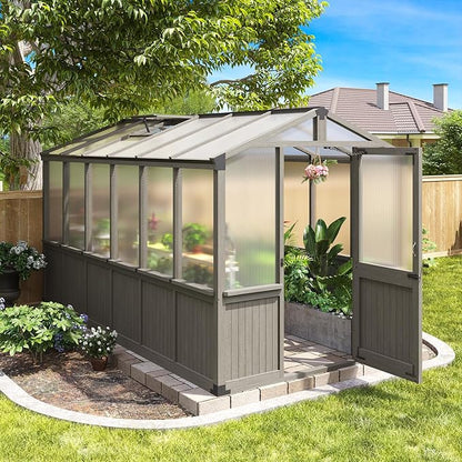 Aoxun 6x12 FT Wood Green House for Outdoors, Polycarbonate Panel Wooden Walk-in Greenhouse Kit with Automatic Temperature Control Roof Vent and Lockable Door, for Outside Backyard Garden, Gray