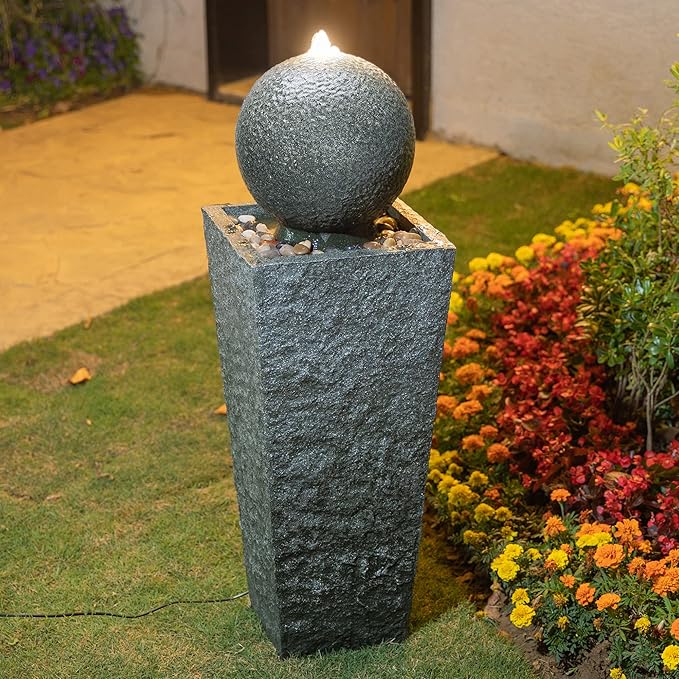 Glitzhome Outdoor Water Fountain with LED Light, Oversized Modern Sphere Pedestal Water Fountain with Submersible Pump, Outdoor Fountains Garden Waterfall for Patio Deck Porch, 40.25" H