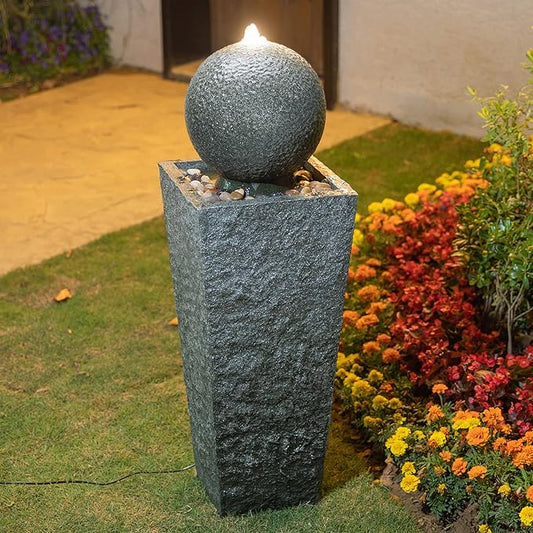 Glitzhome Outdoor Water Fountain with LED Light, Oversized Modern Sphere Pedestal Water Fountain with Submersible Pump, Outdoor Fountains Garden Waterfall for Patio Deck Porch, 40.25" H