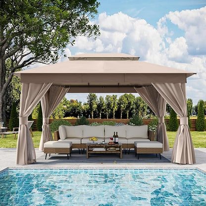 Outdoor Patio Gazebo 10x13FT, Heavy Duty Party Tent & Shelter with 2-Tier Roof and Expansion Bolts, Mosquito Nettings and Privacy Screens for Backyard, Garden, Poolside, Khaki