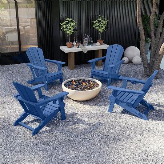 Kingdura Foldable Adirondack Chair, Portable HDPE All Weather Resistant Outdoor Patio Chair, Wooden Textured with Cup Holder, 380LBS Capacity for Poolside, Backyard, Deck, Fire Pit (Navy Blue)