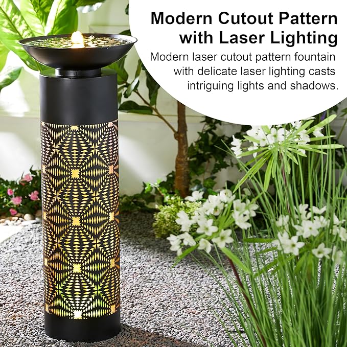 Glitzhome Modern Black Metal Cutout Water Fountain - 36'' Outdoor Bird Bath Fountain with LED Light & Pump - Freestanding Waterfalls Garden Fountains for Patio Backyard Porch Patio Decor