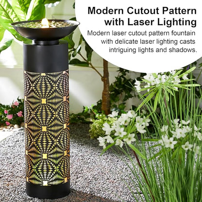 Glitzhome Modern Black Metal Cutout Water Fountain - 36'' Outdoor Bird Bath Fountain with LED Light & Pump - Freestanding Waterfalls Garden Fountains for Patio Backyard Porch Patio Decor