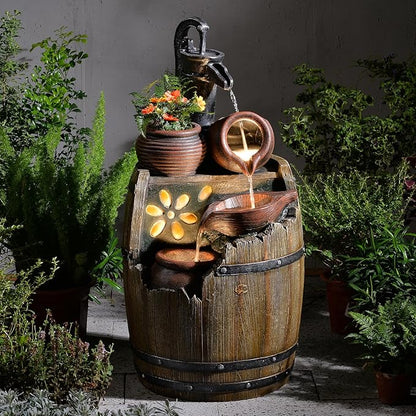 Water Fountain Outdoor 29" H Outside Floor 3 Tiered Rustic Barrel with Light, Pump for Garden, Patio, Deck, Porch, Backyard Home Decor