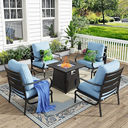 MFSTUDIO 5 Pieces Patio Conversation Sets, Outdoor Metal Furniture Sofas with 1 x 28 50,000 BTU Square Propane Fire Table and 4 x Wrought Iron Frame Sofa Chairs with Blue Cushion