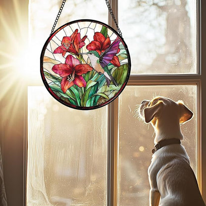 Stained Glass Window Hanging - Hummingbird On Red Lily Flower Sun Catcher for Door Garden Decor Suncatcher Christmas Mother's Day Birthday Gifts for Bird Lovers Women Men Mom Nana 11.8 in