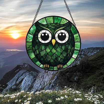 Stained Glass Window Hanging - Green Owl Suncatcher for Doors Garden Patio Funny Bird Sun Catchers Decor Christmas Mother's Day Birthday Teenager Gifts for Women Men Mom Nana Friend 11.8 in