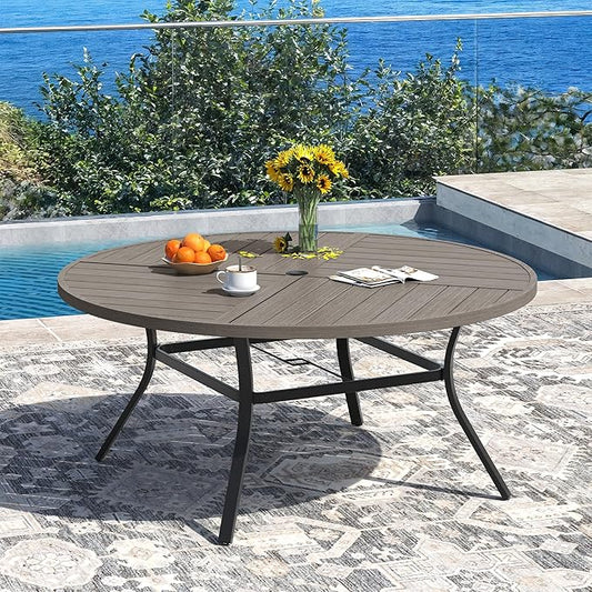 DIFY 59.8" Round Outdoor Patio Dining Table for 8-10, All-Weather Metal Steel Slatted Patio Table with 1.57" Adjustable Umbrella Hole, for Lawn Garden Porch Backyard, Grey Wood-Like