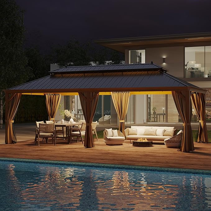 12' X 24' Hardtop Gazebo Outdoor Aluminum Patio Gazebo Double Roof Galvanized Steel Canopy Wooden Finish Coated with Netting and Curtains for Garden, Backyard,Deck and Lawns
