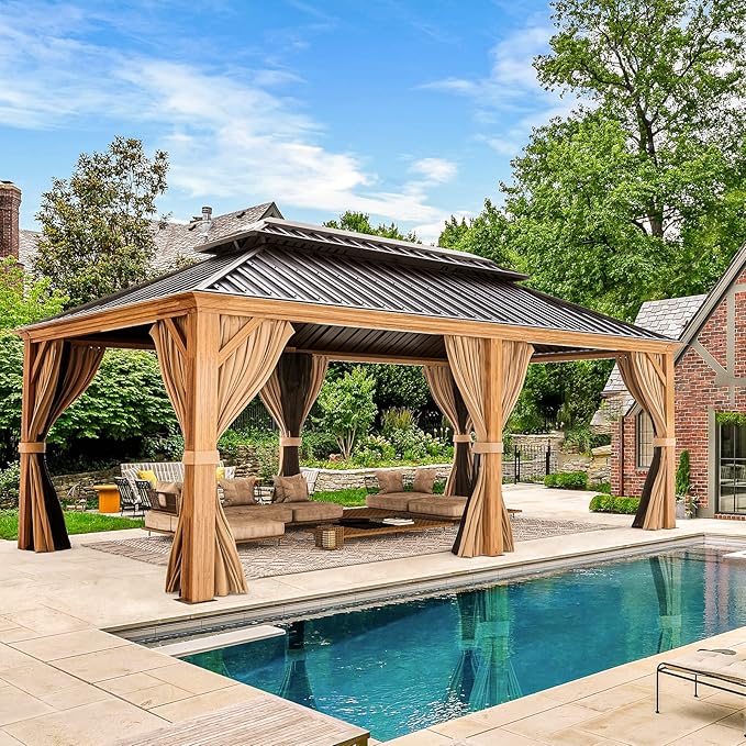 YOLENY 12'x20' Gazebo, Galvanized Steel Double Roof with Wood Grain Aluminum Frame, Outdoor Permanent Metal Pavilion with Curtains and Nettings for Patio, Backyard and Deck
