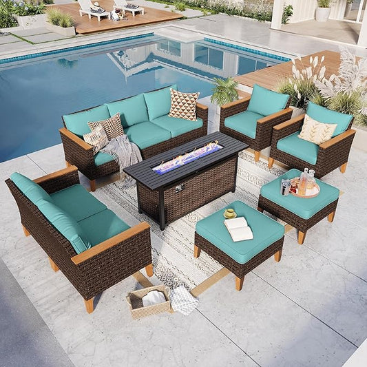 GREEN PARTY 9 Pieces Wicker Patio Furniture Set with 56" Fire Pit Table, All-Weather Outdoor Rattan Patio Sectional Sofa Conversation Set 9 Seats with 4" Thick Cushions for Garden, Backyard (Blue)