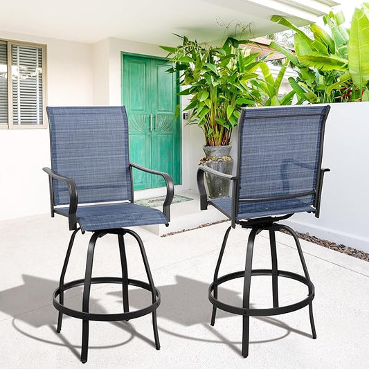 Vongrasig 2 Piece Patio Swivel Bar Chairs, All Weather Metal Textile High Swivel Bar Stools Chairs, Outdoor High Top Bistro Set for Backyard, Lawn Garden, Balcony, Denim Blue