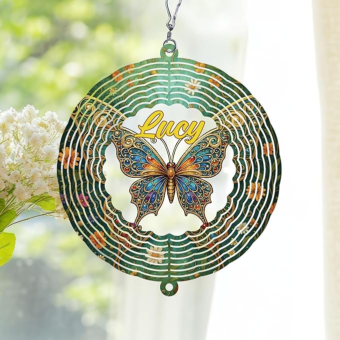 Personalized Butterfly Wind Spinner 3D Stainless Steel, Butterfly Garden Spinner Hanging Outdoor Decor, Wind Spinners Outdoor, Custom Gift for Grandmother, Mom, Wife