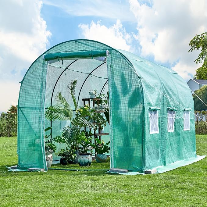 Outdoor Greenhouse with Screen Door,Outside Heavy Duty Walk in Green House for Garden Plants UV Protection Thermostatic Waterproof (Green, 10x10x7 FT)