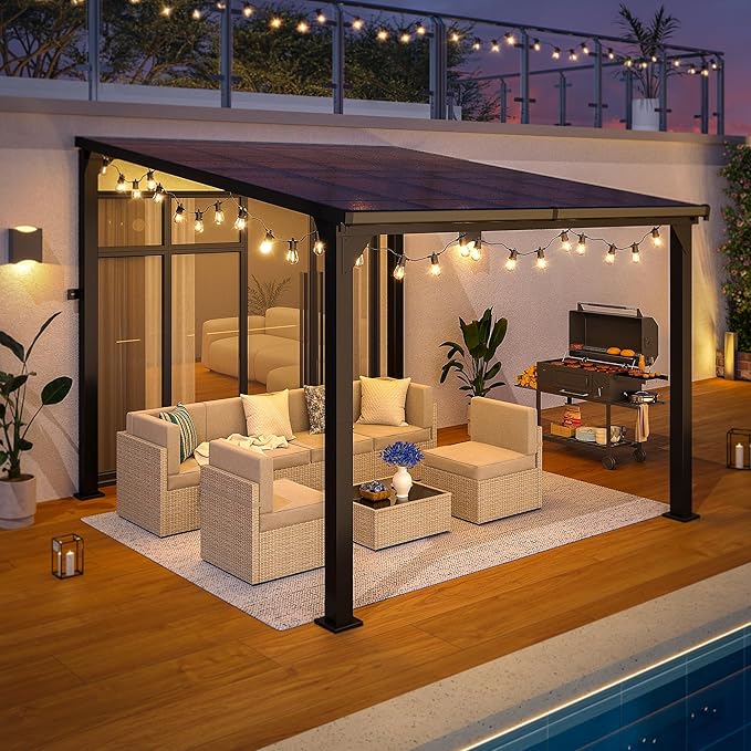 10 * 10FT Pergola,Outdoor Gazebo,Hardtop Lean to Gazebo,Wall Mounted Pergola,Pergolas Gazebos Clearance,Aluminum Frame Pergola,UV Resistant Patio Roof,Patio Awnings for Porch,Lawn,Backyard