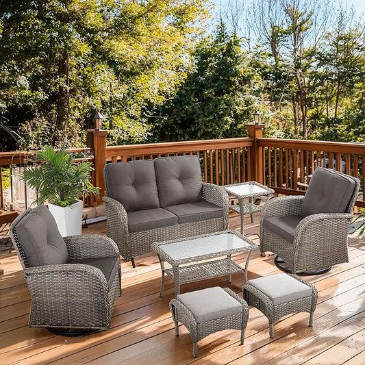 7 Piece Patio Furniture Set - Wicker Patio Conversation Set with Swivel Glider, Glider Loveseat, Tempered Glass Side Table and 2 Ottomans for Deck Backyard - Grey Wicker Grey Cushion