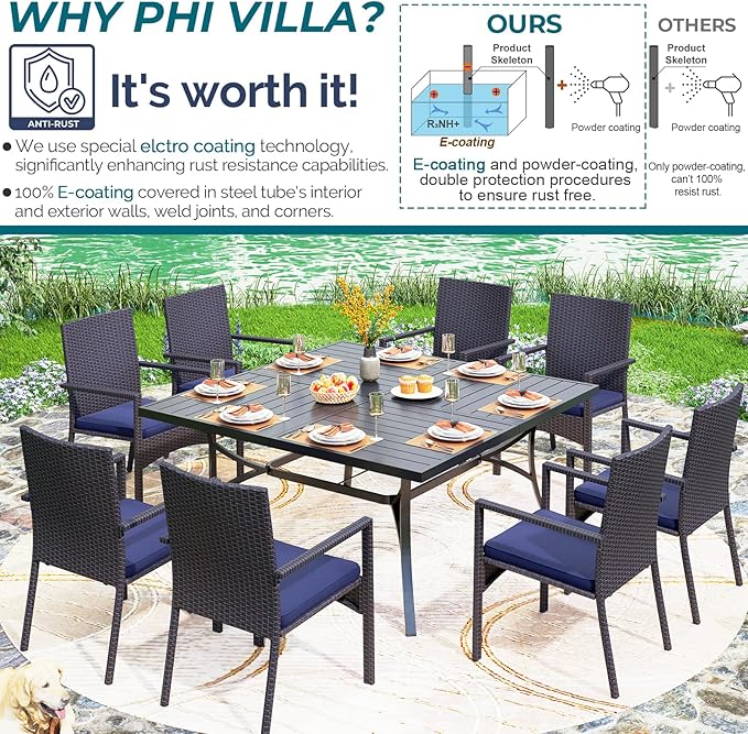 PHI VILLA 9 Pieces Square Outdoor Dining Set for 8, Large Metal Dining Table & Rattan Wicker Chairs with Cushions, Dining Furniture Set for Patio, Deck, Yard, Porch