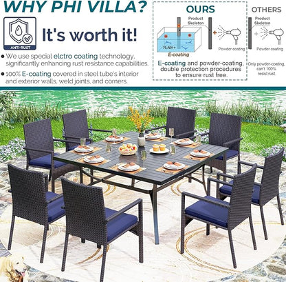 PHI VILLA 9 Pieces Square Outdoor Dining Set for 8, Large Metal Dining Table & Rattan Wicker Chairs with Cushions, Dining Furniture Set for Patio, Deck, Yard, Porch