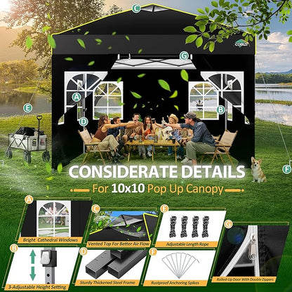 COBIZI 10x10 Pop up Canopy Tent with Sidewalls,One Person Setup, Waterproof,3 Adjustable Height,Outdoor Commercial Gazebo with Air Vent, Reflective Strip,4 Sandbags for Garden,Party, Beach,(Black)
