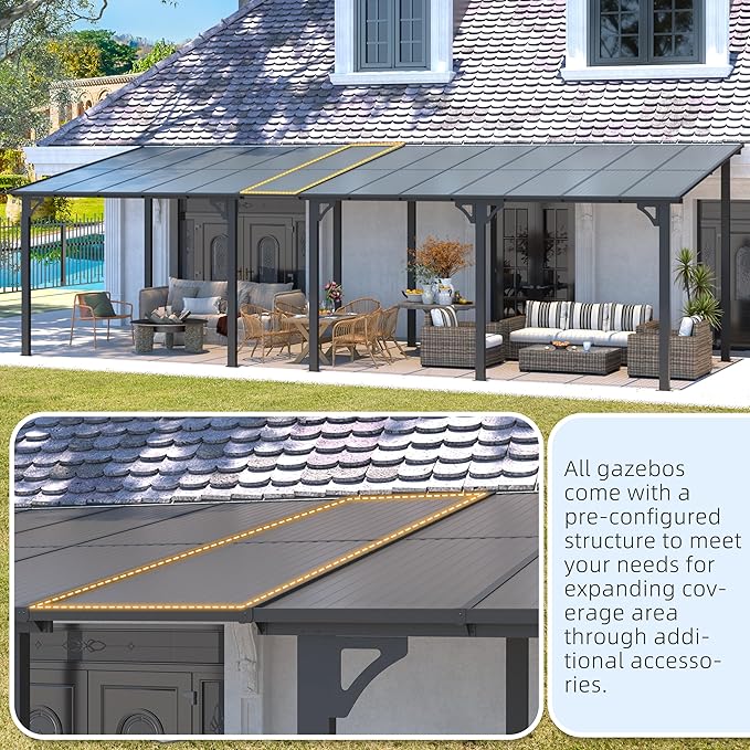 AECOJOY 24' x 12' Gazebo for Patio, Large Wall-Mounted Hard Top Lean-to Gazebo Pergola with Roof 12' x 24' on Clearance, Heavy Duty Patio Awnings for Decks, Backyard