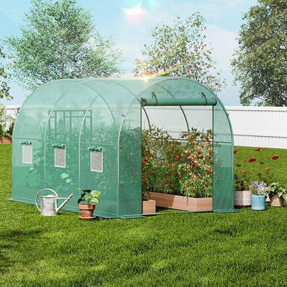 VEVOR Walk-in Tunnel Greenhouse, 11.3x6.4x6.3 ft Hoop House Greenhouse Tunnel, Plant Hot House with Galvanized Steel Frame, Green PE Cover, Roll-up Zipper Door and 6 Windows for Outdoor