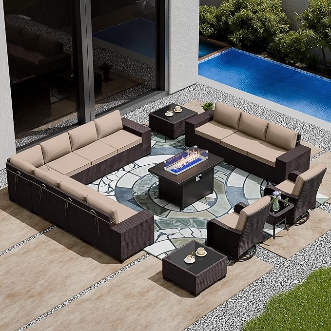 16 Pieces Outdoor Patio Furniture Set Outdoor Furniture Patio Sectional Sofa Conversation Sets w/ETL Approved 45" Gas Outdoor Fire Table & Coffee Table, Swivel Rocking Chair (Brown)