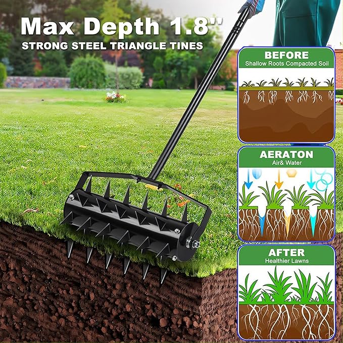 Rolling Manual Lawn Aerator, 58-Inch Handle Manual Push Spike Aerator for Gardens, Yards, and Farmland, Deep Soil Penetration for Healthy Grass and Improved Lawn Growth Manual Aerator Tool Black