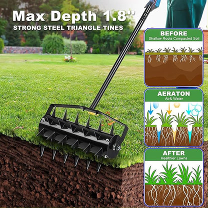 Rolling Manual Lawn Aerator, 58-Inch Handle Manual Push Spike Aerator for Gardens, Yards, and Farmland, Deep Soil Penetration for Healthy Grass and Improved Lawn Growth Manual Aerator Tool Black