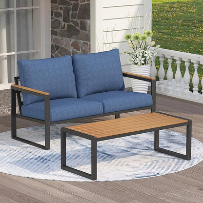 Outdoor Furniture Set, Patio Loveseat and Coffee Table, Outdoor Conversation Chair Sets for Balcony Backyard Park Garden, Blue