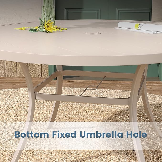 DIFY 53" Round Outdoor Patio Dining Table for 8, Metal Patio Table with 1.57" Adjustable Umbrella Hole, All-Weather Dining Furniture Table for Backyard Lawn Garden, Cream