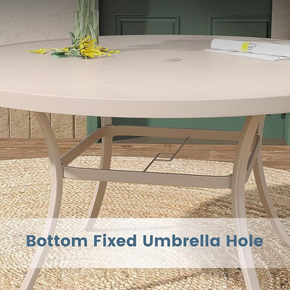 DIFY 53" Round Outdoor Patio Dining Table for 8, Metal Patio Table with 1.57" Adjustable Umbrella Hole, All-Weather Dining Furniture Table for Backyard Lawn Garden, Cream