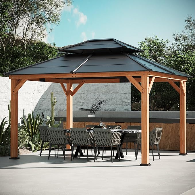 Modern Shade Wood Gazebo 11' x 13', Cedar Framed Wooden Gazebo with Double Galvanized Steel Roof, Hardtop Pavilion with Sturdy Hooks for Garden, Backyard Patio and Deck