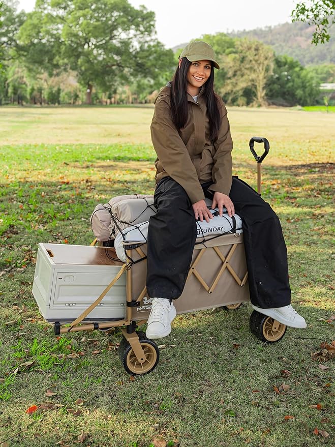 Whitsunday Collapsible Folding Wagon Heavy Duty Utility Beach Wagons with Opened Tailgate and All-Terrain Wheels for Camping,Garden,Sports Beige