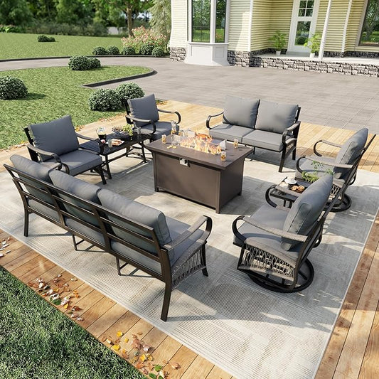 9 Pieces Patio Conversation Sets, All Weather Metal Outdoor Furniture Set, 3-Seater, 2 Swivel Rockers, 2 Single Chairs, 1 Loveseat, 1 Side Tables, 1 Coffee Table, 1 Fire Pit Table for Backyard, Gray