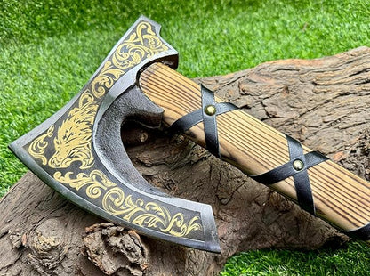 AX-7004 Custom Gift Forged Carbon Steel Viking Axe with Rose Wood Shaft, Viking Bearded Camping Axe