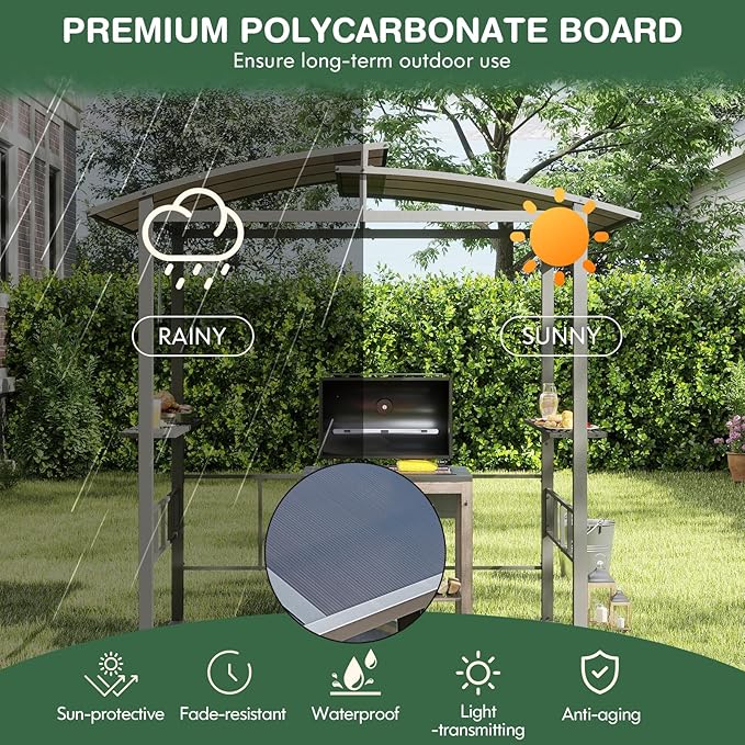 Tangkula 8x5 FT Hardtop Grill Gazebo, Outdoor Double-Tiered Barbecue Canopy with Vented Polycarbonate Roof, 2 Side Shelves, 6 Hooks, Outdoor Grill Shelter for Patio Garden Lawn Deck (Black)